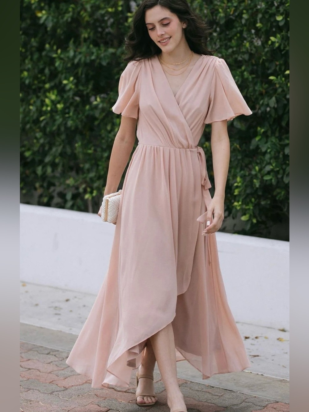 Bridesmaid Blush Pink Wrap High-Low Maxi Dress
